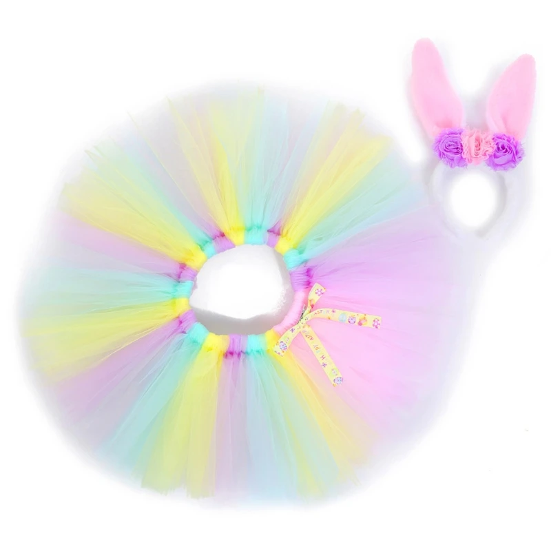 Deti, Baby, Dievčatá Macaron Rainbow Farebné Tutu Sukne s Králičie Uši Kvet Plyšové hlavový most Veľkonočný Zajačik Cosplay Kostým 5